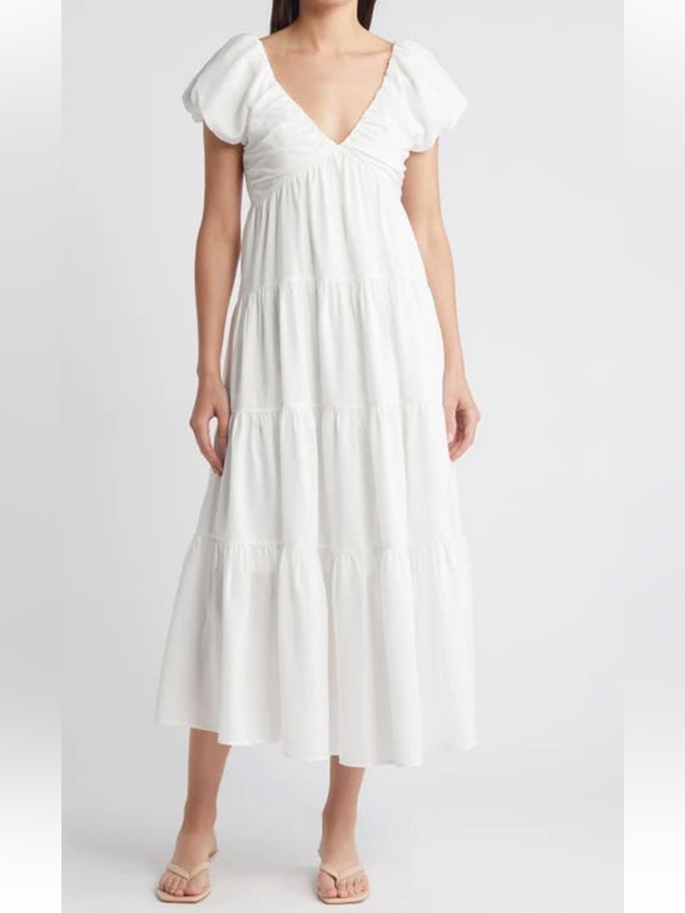 White Tiered Puff Sleeve Midi Dress